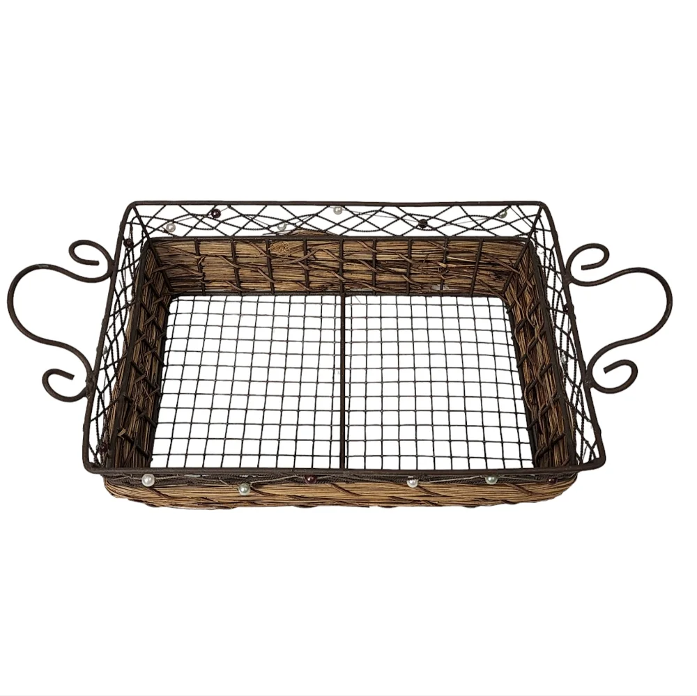 Rustic Rectangular‎ Woven Wicker Basket With Wire Handles and Frame